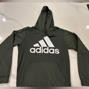 Adidas Olive Hoodie with Unique White Logo Pre-Owned